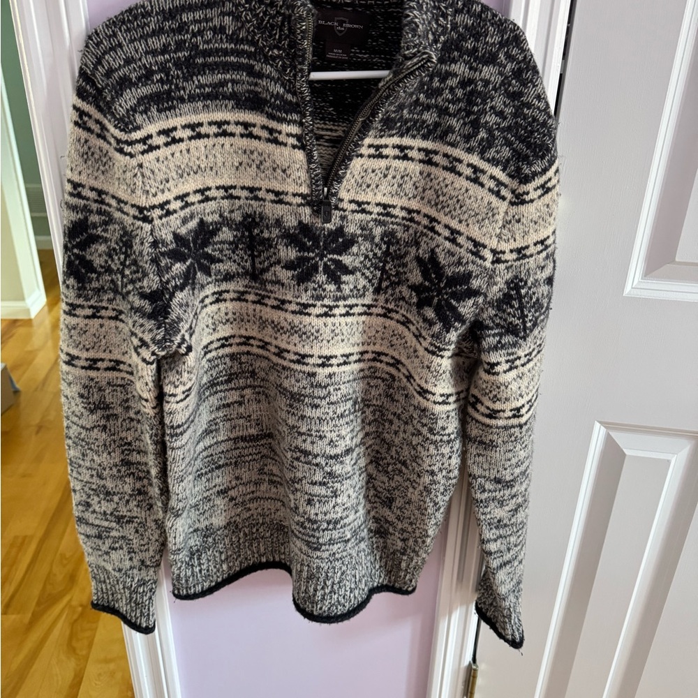 Black and Cream Zip Up Sweater with Nordic Pattern